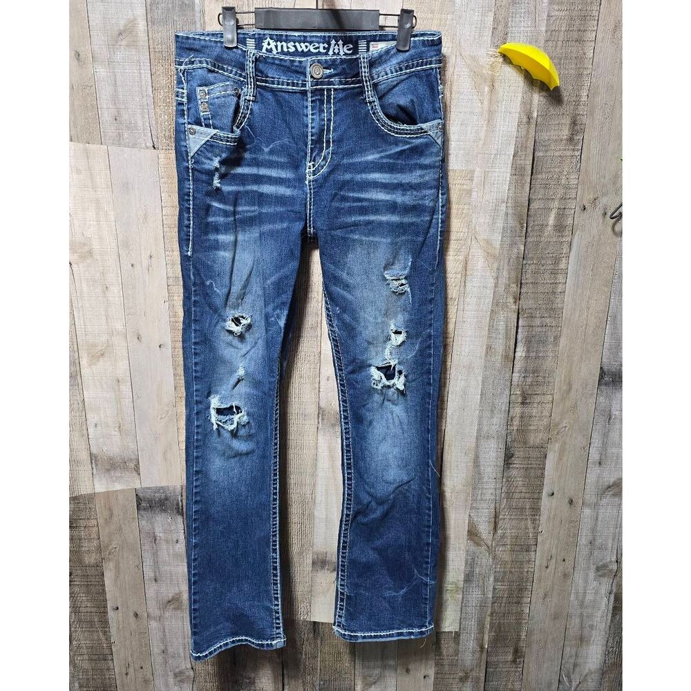 Answer Me Mens Straight Leg Distressed Ripped Jeans 33x32 Buckle Moto Denim